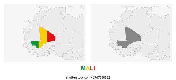 Two versions of the map of Mali, with the flag of Mali and highlighted in dark grey. Vector map.