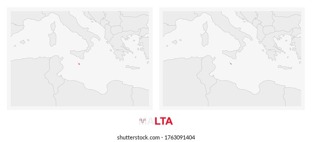 Dos versiones del mapa de Malta, con la bandera de Malta y resaltado en gris oscuro. Mapa de vectores.