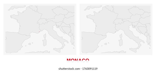 Two versions of the map of Monaco, with the flag of Monaco and highlighted in dark grey. Vector map.