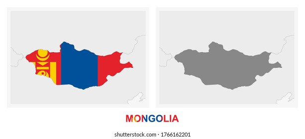Two versions of the map of Mongolia, with the flag of Mongolia and highlighted in dark grey. Vector map.