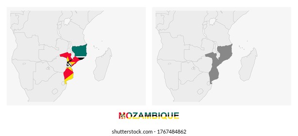Two versions of the map of Mozambique, with the flag of Mozambique and highlighted in dark grey. Vector map.