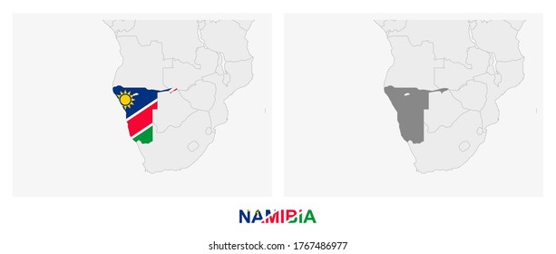 Two versions of the map of Namibia, with the flag of Namibia and highlighted in dark grey. Vector map.