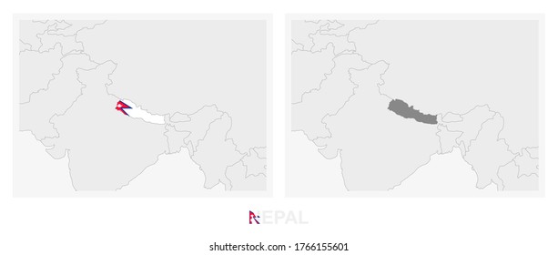 Two versions of the map of Nepal, with the flag of Nepal and highlighted in dark grey. Vector map.