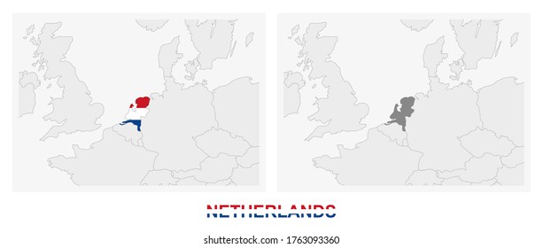 Two versions of the map of Netherlands, with the flag of Netherlands and highlighted in dark grey. Vector map.