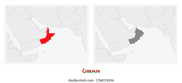 Two versions of the map of Oman, with the flag of Oman and highlighted in dark grey. Vector map.