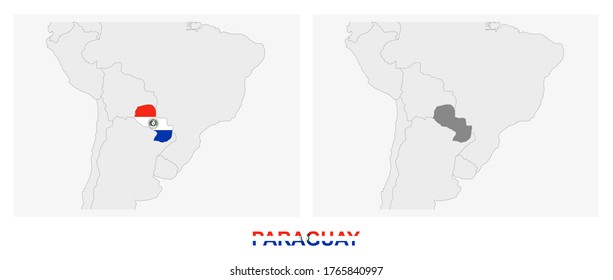 Two versions of the map of Paraguay, with the flag of Paraguay and highlighted in dark grey. Vector map.