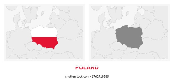 Two versions of the map of Poland, with the flag of Poland and highlighted in dark grey. Vector map.