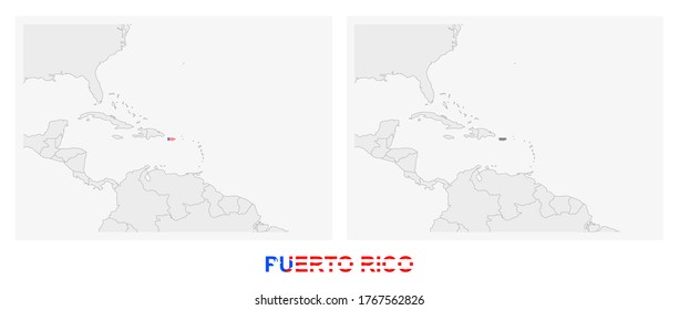 Two versions of the map of Puerto Rico, with the flag of Puerto Rico and highlighted in dark grey. Vector map.