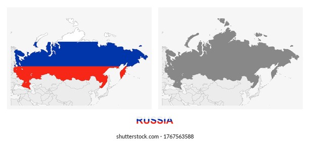 Dos versiones del mapa de Rusia, con la bandera de Rusia y resaltado en gris oscuro. Mapa de vectores.