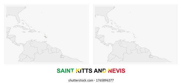 Two versions of the map of Saint Kitts and Nevis, with the flag of Saint Kitts and Nevis and highlighted in dark grey. Vector map.