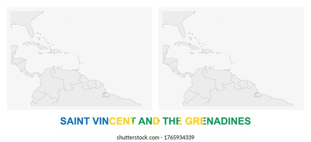 Two versions of the map of Saint Vincent and the Grenadines, with the flag of Saint Vincent and the Grenadines and highlighted in dark grey. Vector map.