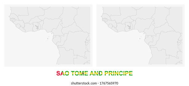 Two versions of the map of Sao Tome and Principe, with the flag of Sao Tome and Principe and highlighted in dark grey. Vector map.