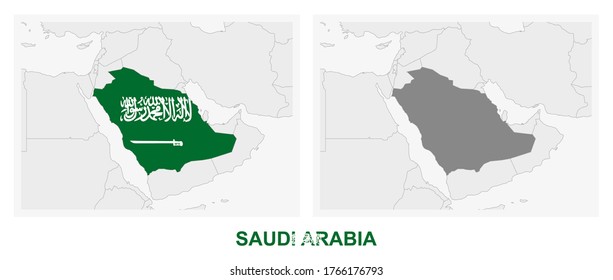 Two versions of the map of Saudi Arabia, with the flag of Saudi Arabia and highlighted in dark grey. Vector map.