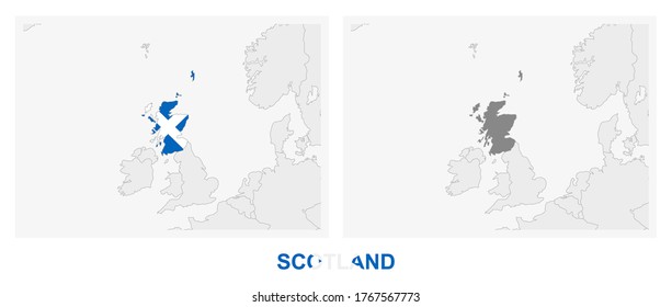 Two versions of the map of Scotland, with the flag of Scotland and highlighted in dark grey. Vector map.