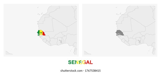 Dos versiones del mapa de Senegal, con la bandera de Senegal y resaltado en gris oscuro. Mapa de vectores.