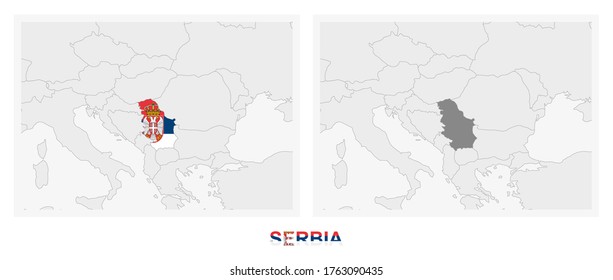 Two versions of the map of Serbia, with the flag of Serbia and highlighted in dark grey. Vector map.