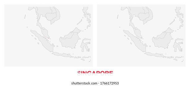 Two versions of the map of Singapore, with the flag of Singapore and highlighted in dark grey. Vector map.