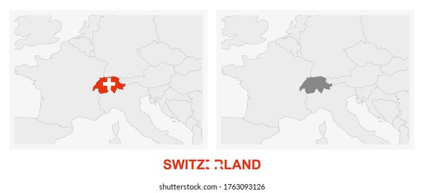 Two versions of the map of Switzerland, with the flag of Switzerland and highlighted in dark grey. Vector map