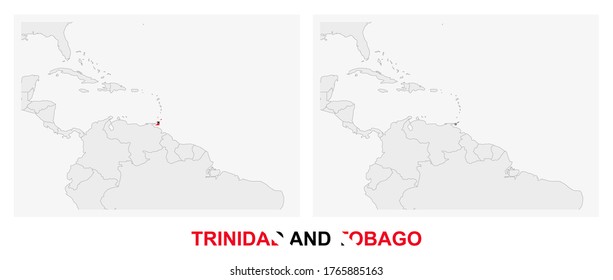 Two versions of the map of Trinidad and Tobago, with the flag of Trinidad and Tobago and highlighted in dark grey. Vector map.