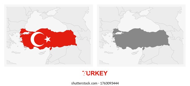 Two versions of the map of Turkey, with the flag of Turkey and highlighted in dark grey. Vector map