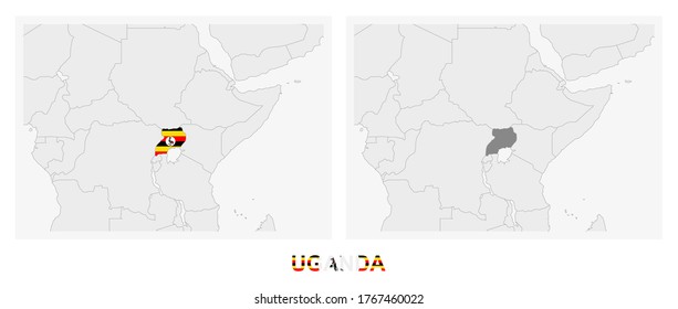 Two versions of the map of Uganda, with the flag of Uganda and highlighted in dark grey. Vector map.