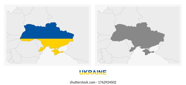 Two versions of the map of Ukraine, with the flag of Ukraine and highlighted in dark grey. Vector map.