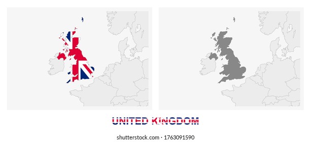 Two versions of the map of United Kingdom, with the flag of United Kingdom and highlighted in dark grey. Vector map.