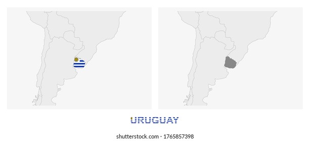 Two versions of the map of Uruguay, with the flag of Uruguay and highlighted in dark grey. Vector map.