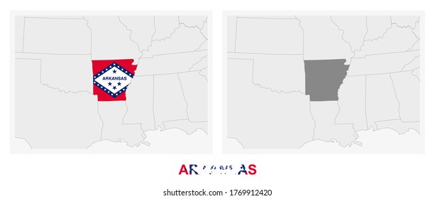 Two versions of the map of US State Arkansas, with the flag of Arkansas and highlighted in dark grey. Vector map.
