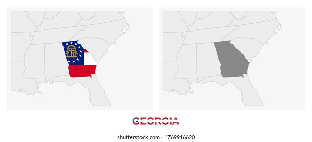 Two versions of the map of US State Georgia, with the flag of Georgia and highlighted in dark grey. Vector map.