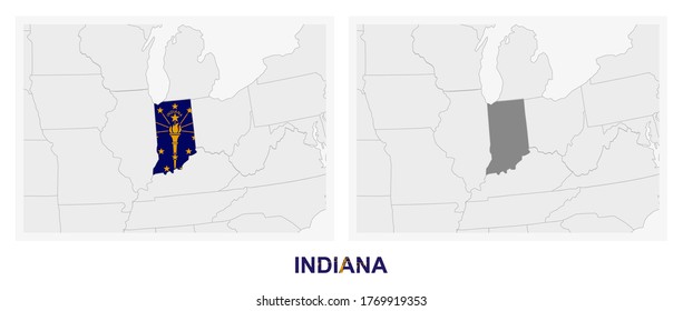 Two versions of the map of US State Indiana, with the flag of Indiana and highlighted in dark grey. Vector map.