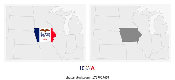 Two versions of the map of US State Iowa, with the flag of Iowa and highlighted in dark grey. Vector map.