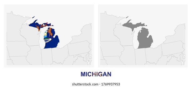 Two versions of the map of US State Michigan, with the flag of Michigan and highlighted in dark grey. Vector map.