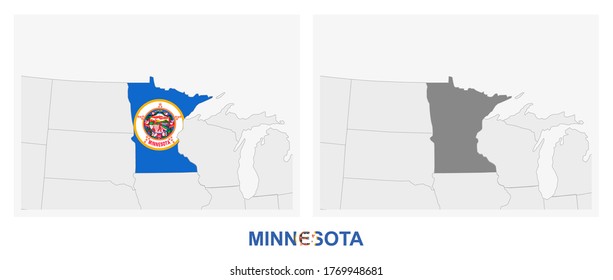 Two versions of the map of US State Minnesota, with the flag of Minnesota and highlighted in dark grey. Vector map.