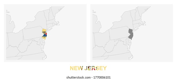 Two versions of the map of US State New Jersey, with the flag of New Jersey and highlighted in dark grey. Vector map.