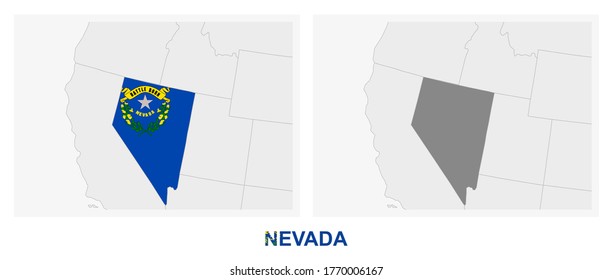 Two versions of the map of US State Nevada, with the flag of Nevada and highlighted in dark grey. Vector map.