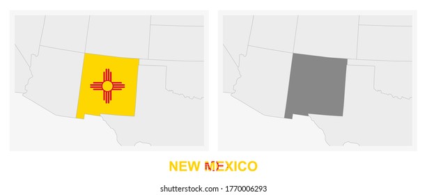 Two versions of the map of US State New Mexico, with the flag of New Mexico and highlighted in dark grey. Vector map.