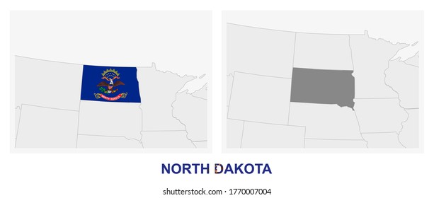 Two versions of the map of US State North Dakota, with the flag of North Dakota and highlighted in dark grey. Vector map.