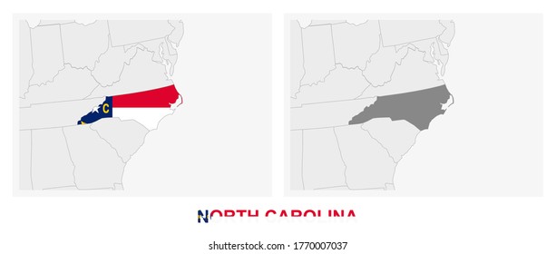 Two versions of the map of US State North Carolina, with the flag of North Carolina and highlighted in dark grey. Vector map.