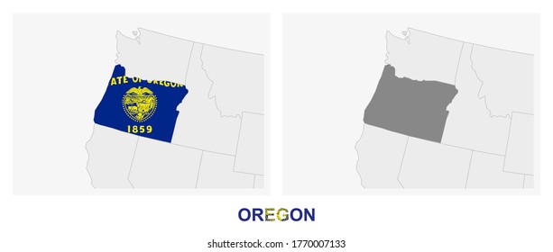 Two versions of the map of US State Oregon, with the flag of Oregon and highlighted in dark grey. Vector map.