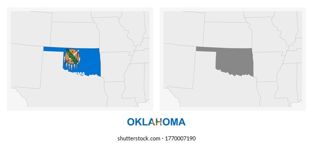 Two versions of the map of US State Oklahoma, with the flag of Oklahoma and highlighted in dark grey. Vector map.