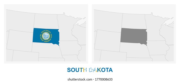 Two versions of the map of US State South Dakota, with the flag of South Dakota and highlighted in dark grey. Vector map.