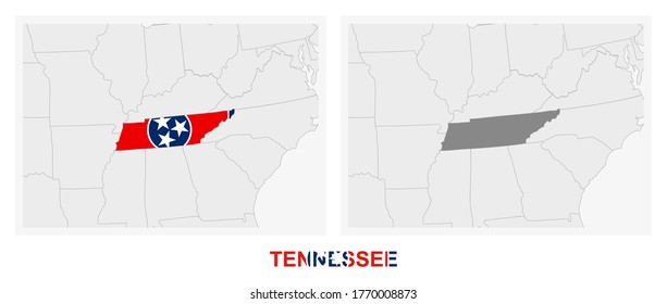 Two versions of the map of US State Tennessee, with the flag of Tennessee and highlighted in dark grey. Vector map.