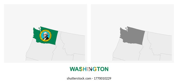 Two versions of the map of US State Washington, with the flag of Washington and highlighted in dark grey. Vector map.