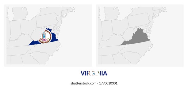 Two versions of the map of US State Virginia, with the flag of Virginia and highlighted in dark grey. Vector map.