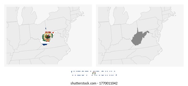 Two versions of the map of US State West Virginia, with the flag of West Virginia and highlighted in dark grey. Vector map.