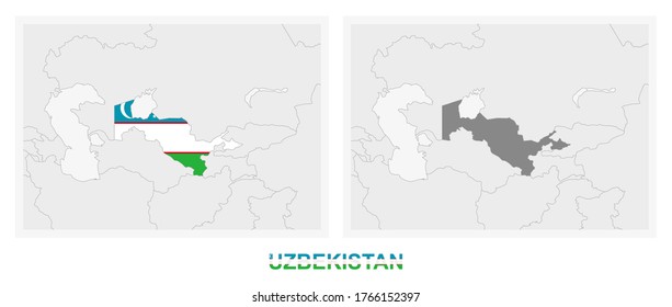 Two versions of the map of Uzbekistan, with the flag of Uzbekistan and highlighted in dark grey. Vector map.