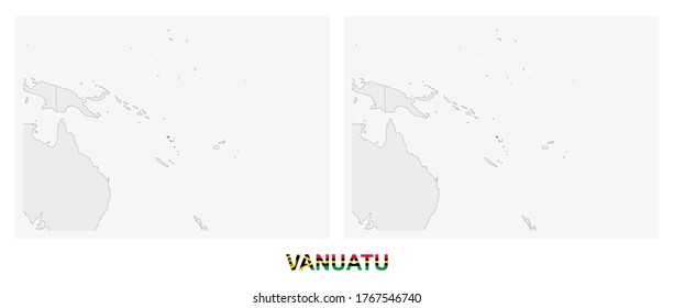 Dos versiones del mapa de Vanuatu, con la bandera de Vanuatu y resaltado en gris oscuro. Mapa de vectores.