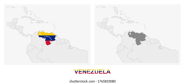 Two versions of the map of Venezuela, with the flag of Venezuela and highlighted in dark grey. Vector map.