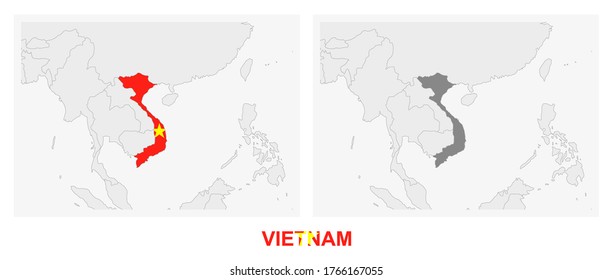 Two versions of the map of Vietnam, with the flag of Vietnam and highlighted in dark grey. Vector map.